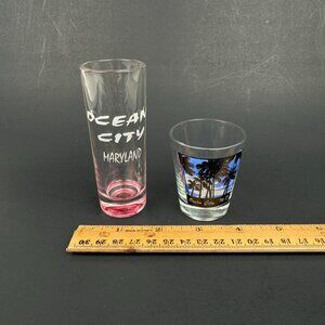 Vtg Ocean City Maryland OC MD Shot Glasses Tall and Regular 2 fl oz Clear w Pink